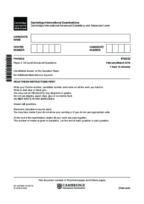 Paper 2, Variant 2, March 2016 | Cambridge AS - A Level Physics (9702) Past Papers