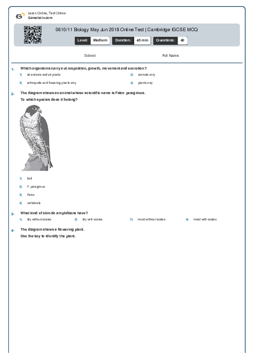 0610/11 Biology May Jun 2018 Online Test | Cambridge IGCSE MCQ