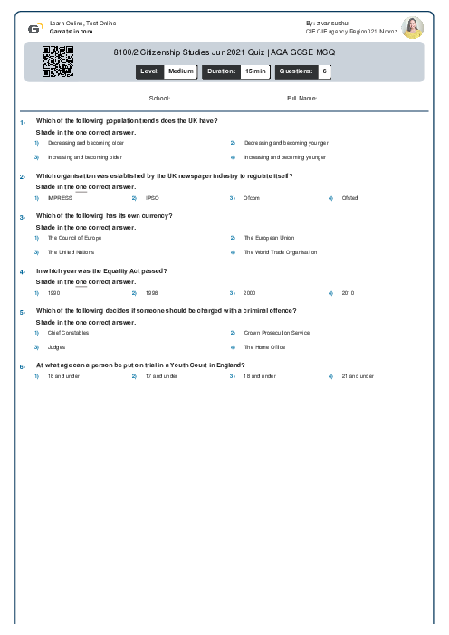 8100/2 Citizenship Studies Jun 2021 Quiz | AQA GCSE MCQ