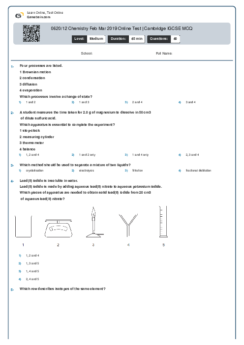 0620/12 Chemistry Feb Mar 2019 Online Test | Cambridge IGCSE MCQ
