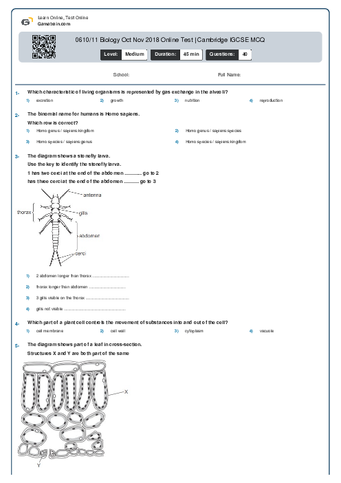 0610/11 Biology Oct Nov 2018 Online Test | Cambridge IGCSE MCQ