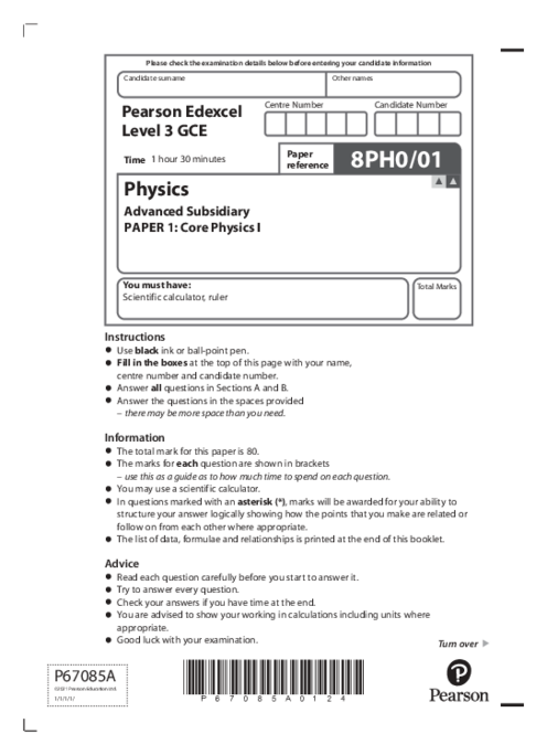   Physics 8PH0/01 November  2021 | Edexcel  AS Level Past Papers With Mark Scheme