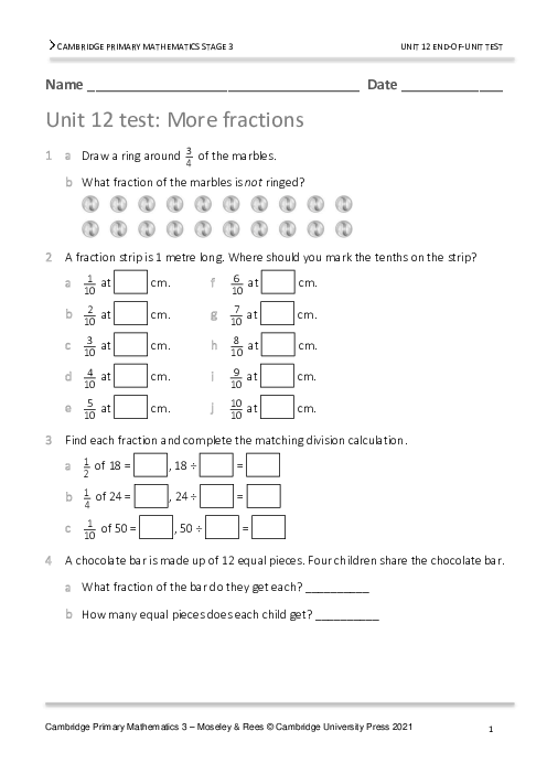 Year 3 Mathematics End of Unit 12 Test - Answers Included
