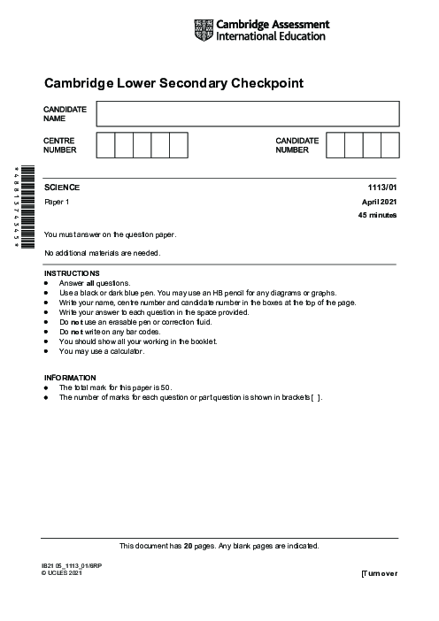 SCIENCE 1113,01 April 2021 | Cambridge Lower secondary Checkpoint Past Papers with Mark Schemes