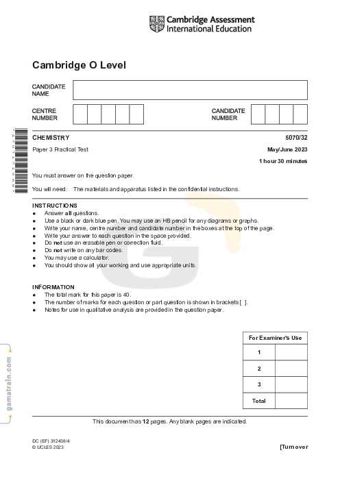 Chemistry 5070/32 May June 2023