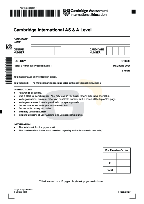 Biology 9700/33 May June 2024 | Cambridge AS Level Past Papers With Mark Scheme