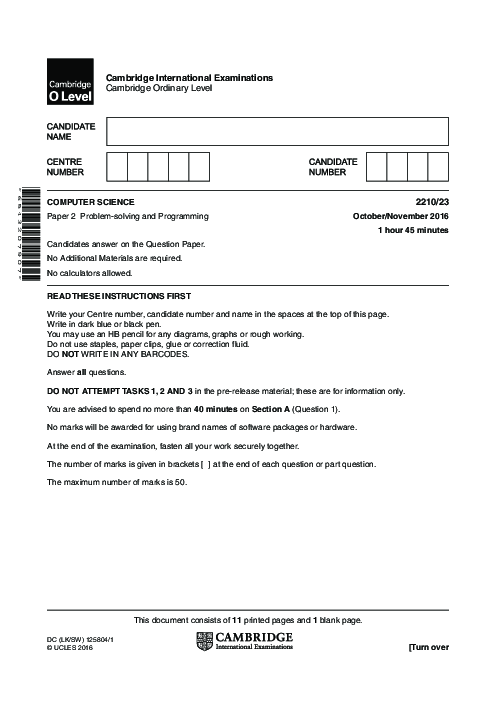  Computer Science 2210/23 Oct Nov 2016 | Cambridge O-Level Past Papers With Mark Scheme