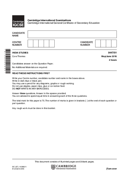 India Studies 0447/01 May June 2016