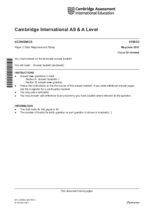 Paper 2, Variant 2, May June 2021 | Cambridge AS - A Level Economics (9708) Past Papers