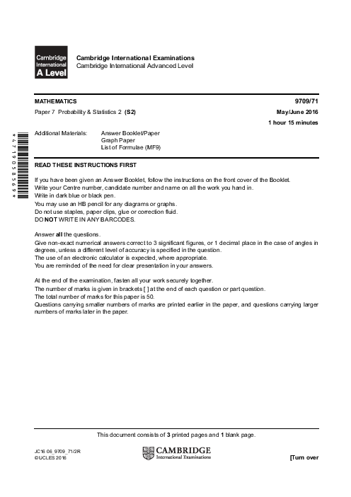 Mathematics 9709/71 May June 2016 | Cambridge AS & A Level Past Papers With Mark Scheme