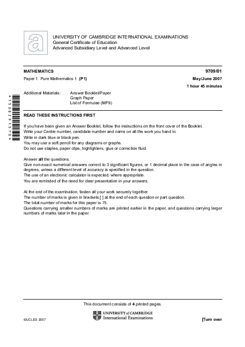 Mathematics 9709/01 Oct Nov 2006 | Cambridge AS & A Level Past Papers With Mark Scheme