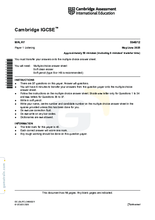 Malay Foreign Language 0546/12 May June 2025