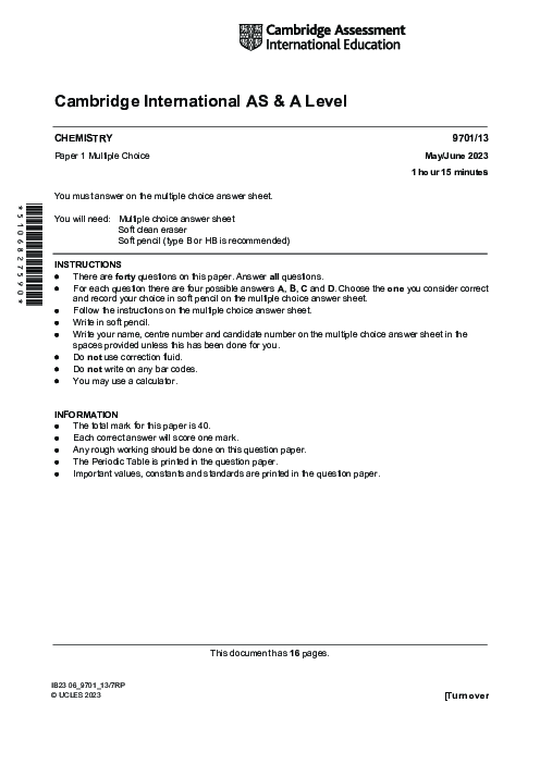 Chemistry 9701/21 May June 2023 | Cambridge AS Level Past Papers With Mark Scheme