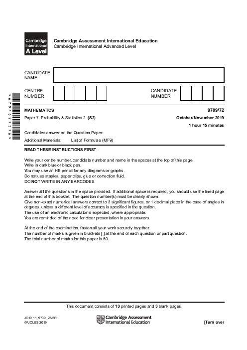 Mathematics 9709/72 Oct Nov 2019 | Cambridge AS & A Level Past Papers With Mark Scheme