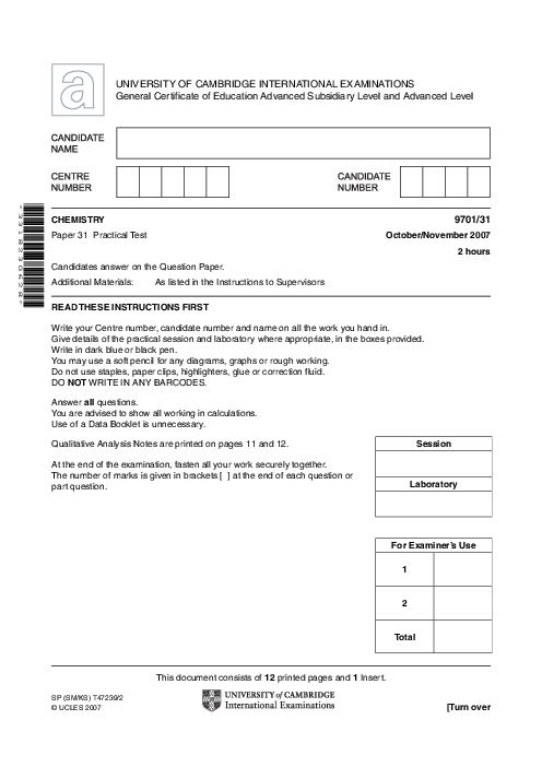 Chemistry 9701/02 Oct Nov 2007 | Cambridge AS Level Past Papers With Mark Scheme