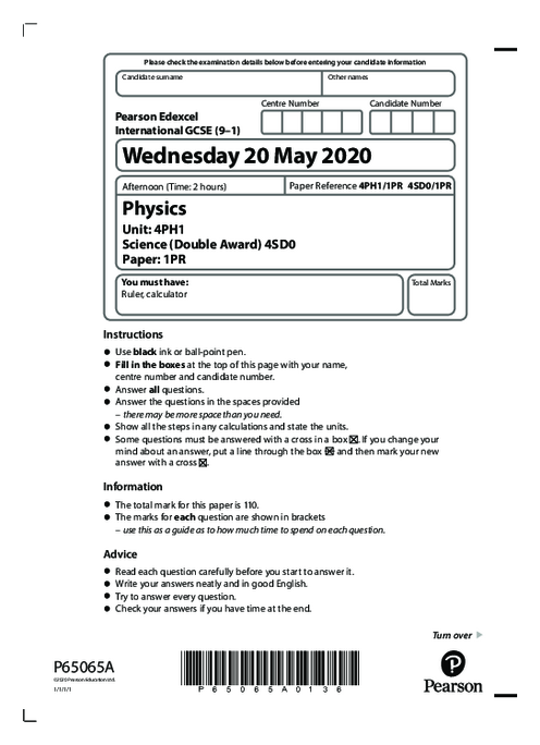 Physics 4PH1/1PR May June  2020 | Edexcel  IGCSE Past Papers With Mark Scheme