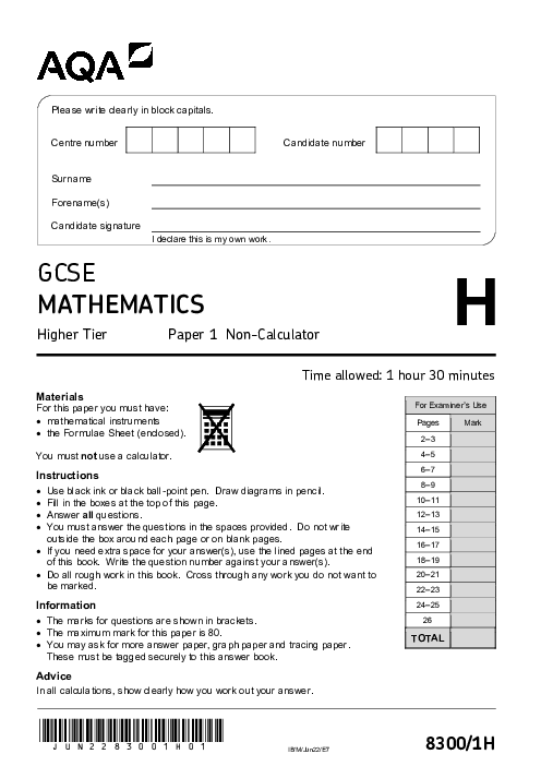 Mathematics 8300/1H June 2022