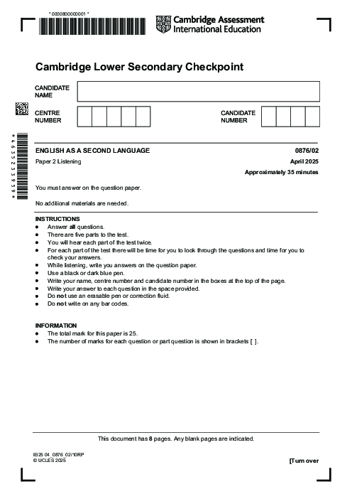 Checkpoint ENGLISH AS A SECOND LANGUAGE 0876,02 April 2025