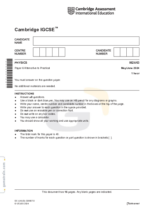 Physics 0625/63 May June 2024