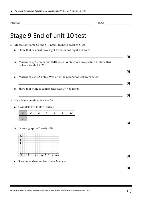 Year 9 Mathematics End of Unit 10 Test - Answers Included