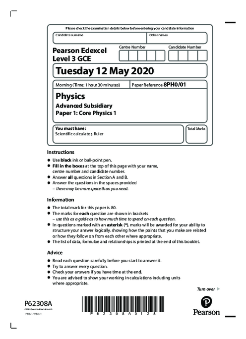  Physics 8PH0/01 May June  2020 | Edexcel  AS Level Past Papers With Mark Scheme