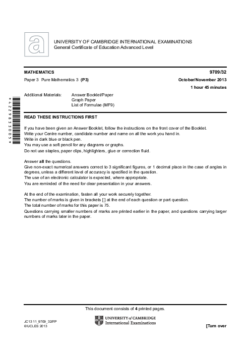 Mathematics 9709/32 Oct Nov 2013 | Cambridge AS & A Level Past Papers With Mark Scheme