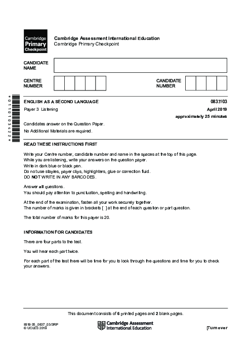 ENGLISH AS A SECOND LANGUAGE 0837,03 April 2019 | Cambridge Primary Checkpoint Past Papers with Mark Schemes