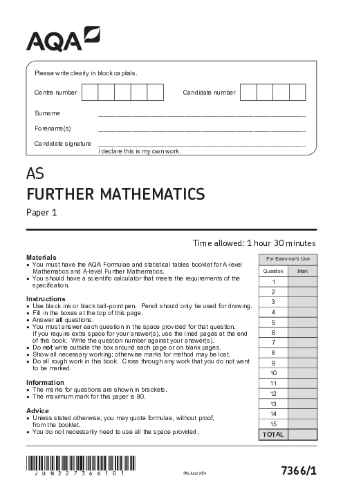 Further Mathematics 7366 Paper 1 June 2022, AQA AS-Level Past Papers with Mark Schemes