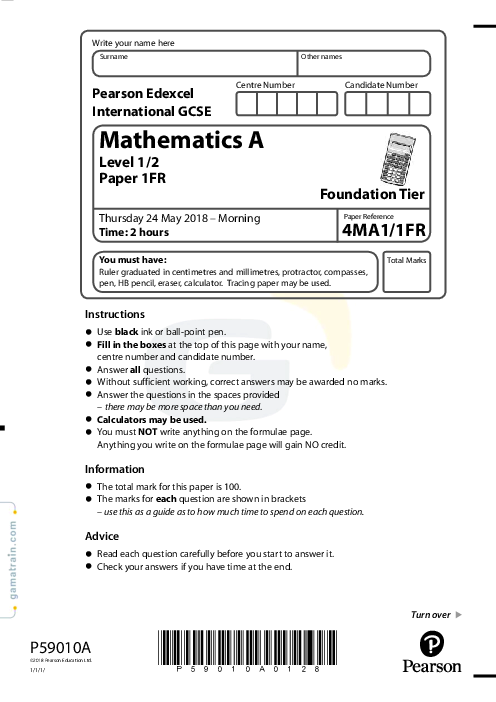 Mathematics (A) 4MA1/1FR May Jun  2018