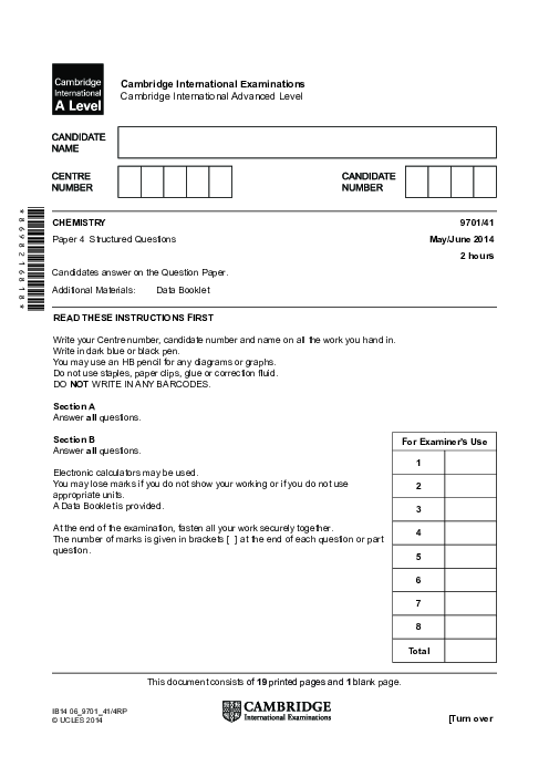 Chemistry 9701/41 May June 2014 | Cambridge AS Level Past Papers With Mark Scheme