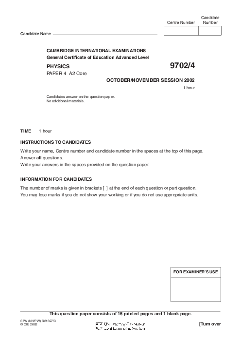 Paper 4, Oct Nov 2002 | Cambridge AS - A Level Physics (9702) Past Papers