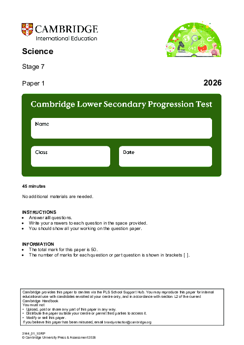 Progression Test Stage 7 Science 2026 Paper 1 pdf