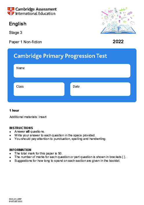 Cambridge Progression Test Stage 3 English 2022 Paper 1 With Mark Scheme