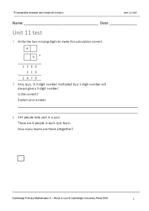 Year 5 Mathematics End of Unit 11 Test - Answers Included