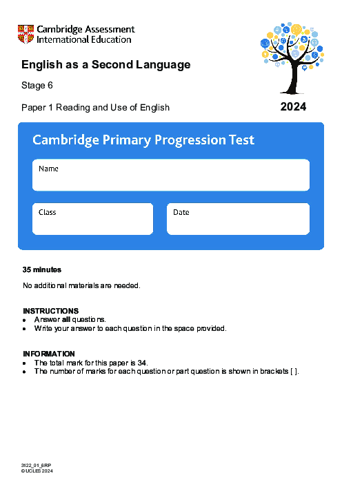 Cambridge Progression Test Stage 6 English as a Second Language 2024 Paper 1