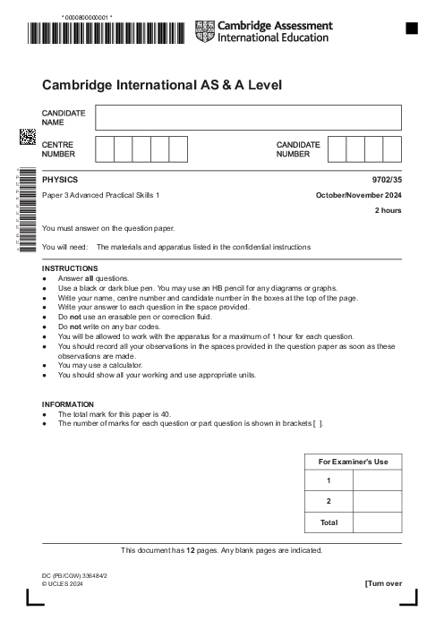 Physics 9702,35 Oct Nov 2024 | Cambridge AS - A Level Past Papers With Mark Scheme