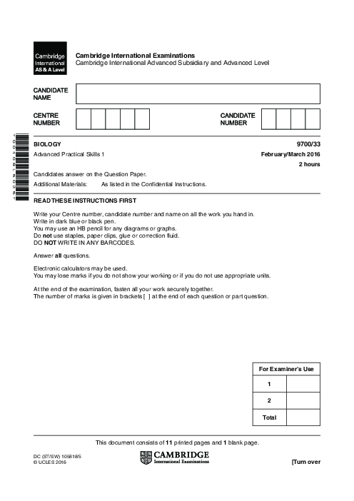 Biology 9700/33 March 2016 | Cambridge AS Level Past Papers With Mark Scheme