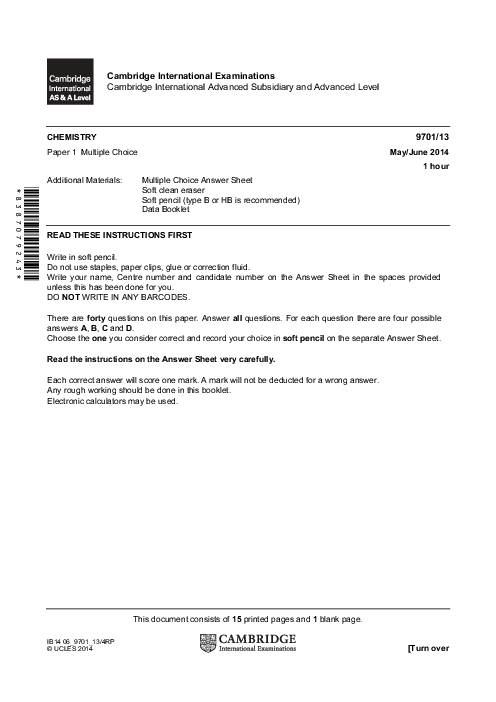 Chemistry 9701/13 May June 2014 | Cambridge AS Level Past Papers With Mark Scheme