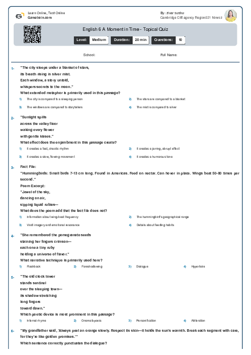 English 6 | A Moment in Time - Topical Quiz