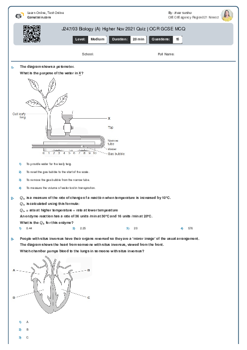 J247/03 Biology (A) Higher Nov 2021 Quiz | OCR GCSE MCQ