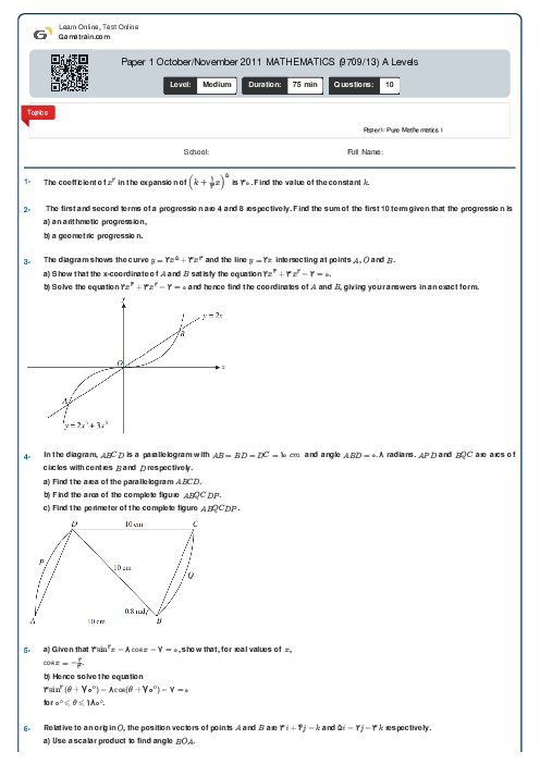 Paper 1 October/November 2011 MATHEMATICS (9709/13) A Levels