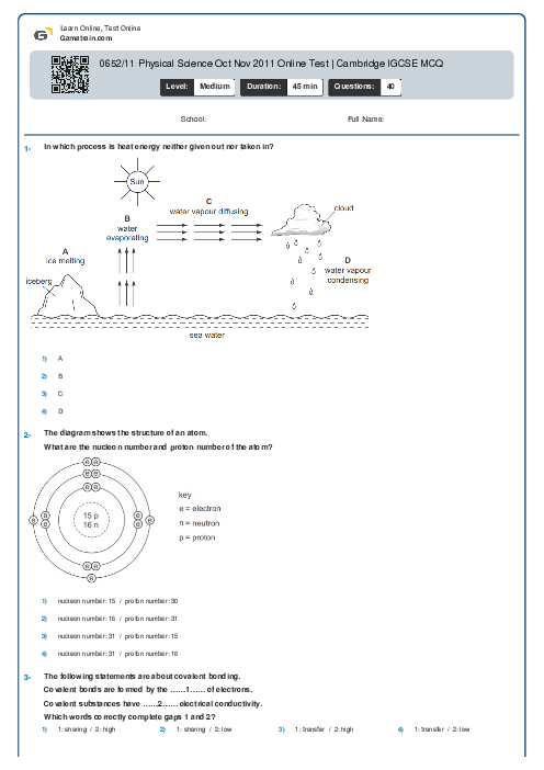 0652/11 Physical Science Oct Nov 2011 Online Test | Cambridge IGCSE MCQ