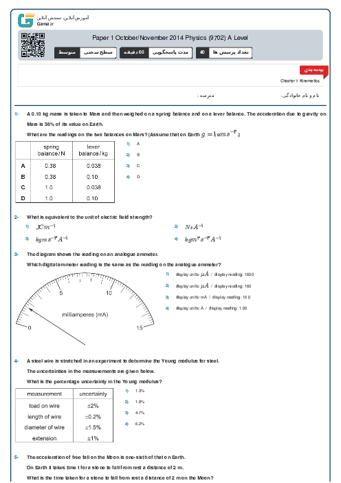 Paper 1 October/November 2014 Physics (9702) A Level