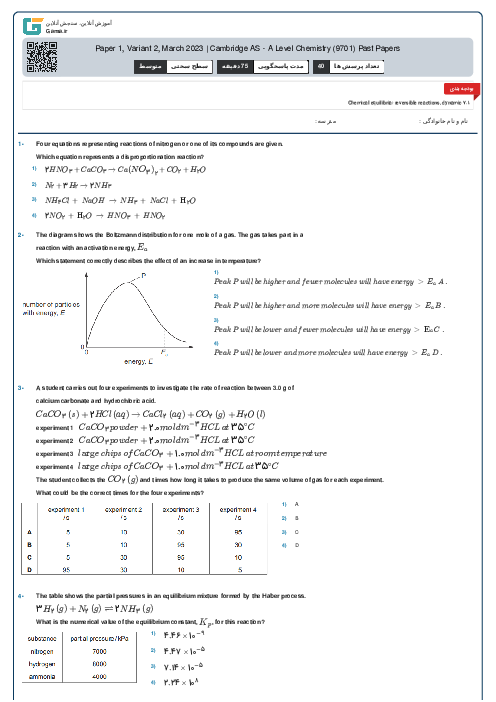 9701/12 Chemistry Feb Mar 2023 Online Test | Cambridge AS and A Level MCQ