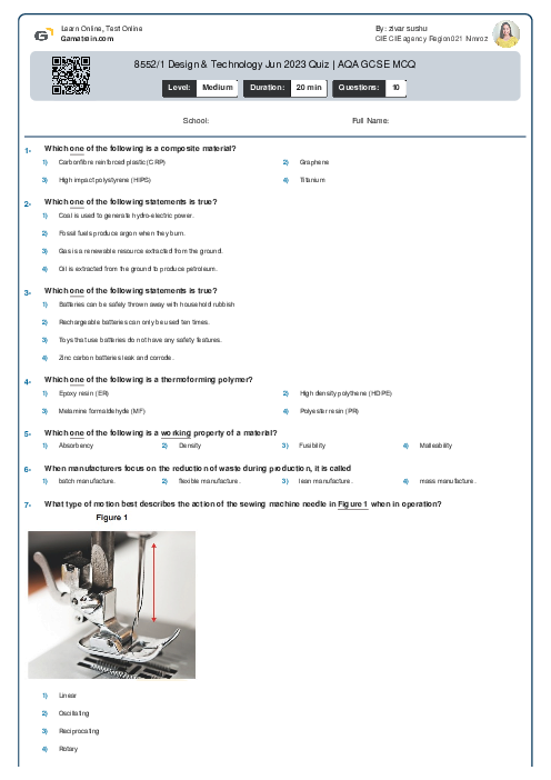 8552/1 Design & Technology Jun 2023 Quiz | AQA GCSE MCQ