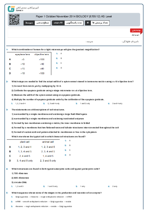 9700/12 Biology Oct Nov 2014 Online Test | Cambridge AS and A Level MCQ