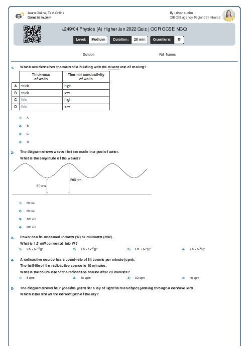J249/04 Physics (A) Higher Jun 2022 Quiz | OCR GCSE MCQ