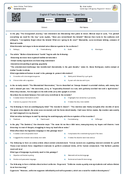 English 9 | That′s Entertainment - Topical Quiz