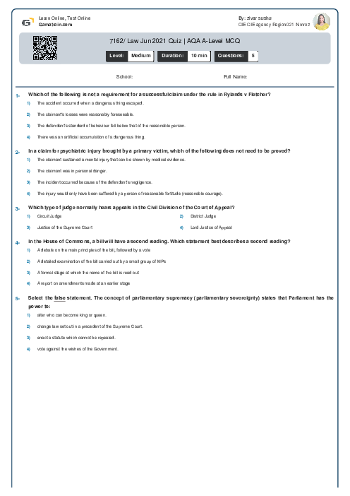 7162/2 Law Jun 2021 Quiz | AQA A Level MCQ