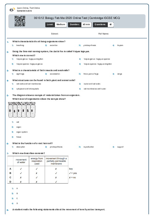 0610/12 Biology Feb Mar 2020 Online Test | Cambridge IGCSE MCQ
